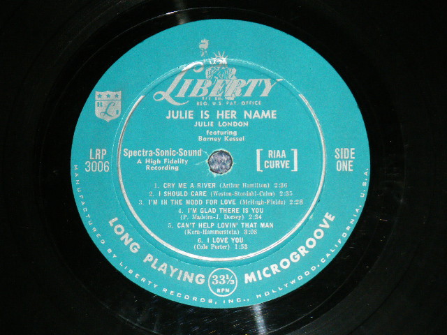 画像: JULIE LONDON - JULIE IS HER NAME ( DEBUT ALBUM )( Matrix # A) V-5713-3006 A     B) V-5713-3006 B   ) (Ex+++/Ex++ Looks:Ex+++ Ultra Clean Copy!!!! ) / 1956 US AMERICA ORIGINAL MONO "1st Press LIBERT Credit Front Cover""1st  Press Glossy Jcaket " "1st Press BACK Cover" "HEAVY USING JACKET"  "1st PRESS Turquoise Color LABEL" Used LP