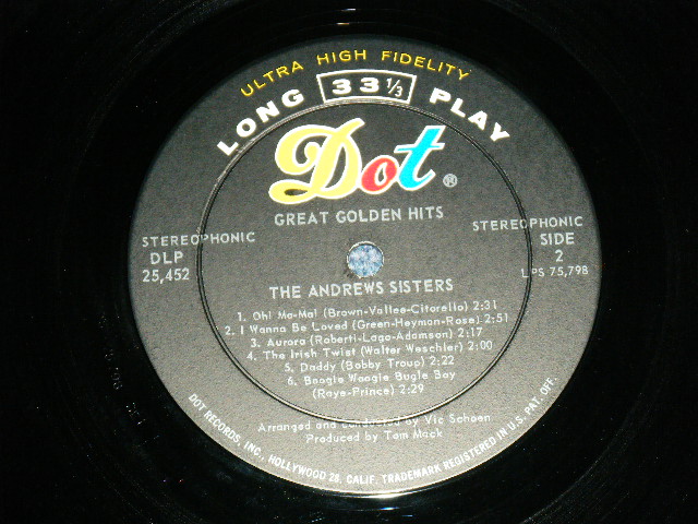 画像:  THE ANDREWS SISTERS - GREAT GOLDEN HITS  / 1962  US ORIGINAL STEREO  LP