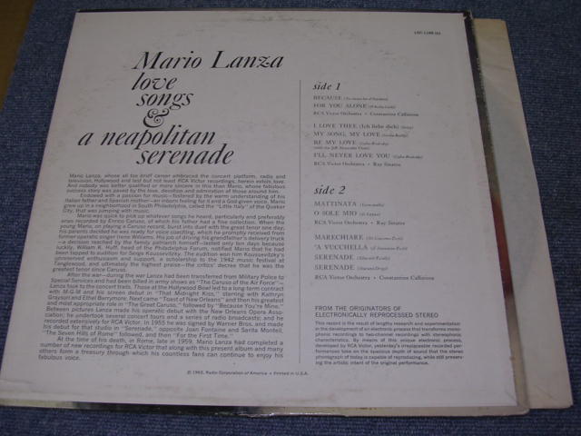 画像: MARIO LANZA - LOVE SONGS & A NEAPOLITAN SERENADE / 1960'S US ORIGINAL STEREO LP 