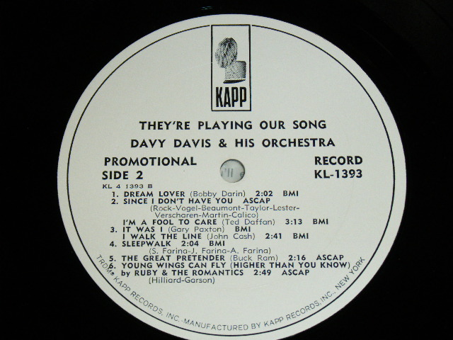 画像: DAVY DAVIS and HIS ORCHESTRA + Guest Star RUBY & THE ROMANTICS - THEY'RE PLAYING OUR SONG   /1964 US ORIGINAL White Label Promo Mono LP 