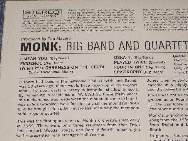 画像: THELONIOUS MONK -  BIG BAND AND QUARTET IN CONCERT  /  US 180 gram Heavy Weight  Reissue Sealed LP