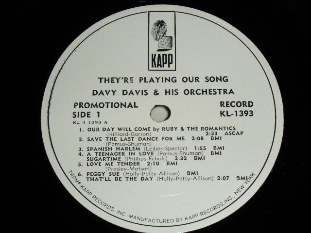 画像: DAVY DAVIS and HIS ORCHESTRA + Guest Star RUBY & THE ROMANTICS - THEY'RE PLAYING OUR SONG   /1964 US ORIGINAL White Label Promo Mono LP 