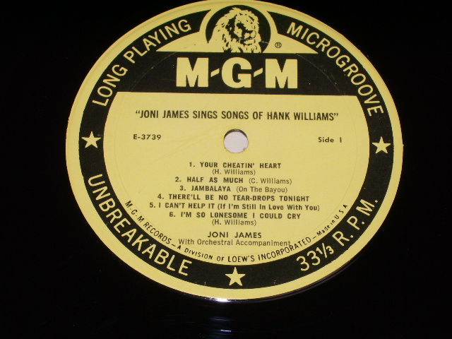 画像: JONI JAMES - SIMGS SONGS OF HANK WILLIAMS / 1959 US ORIGINAL YELLOW Label  MONO LP
