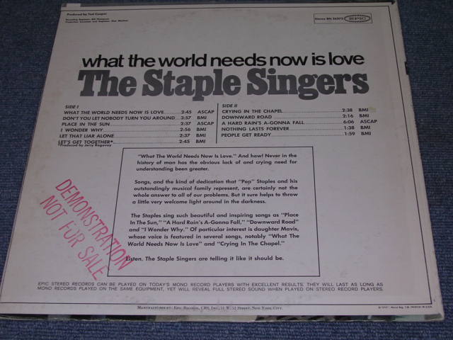 画像: STAPLE SINGERS - WHAT THE WORLD NEEDS NOW IS LOVE / 1968 US ORIGINAL PROMO LP 